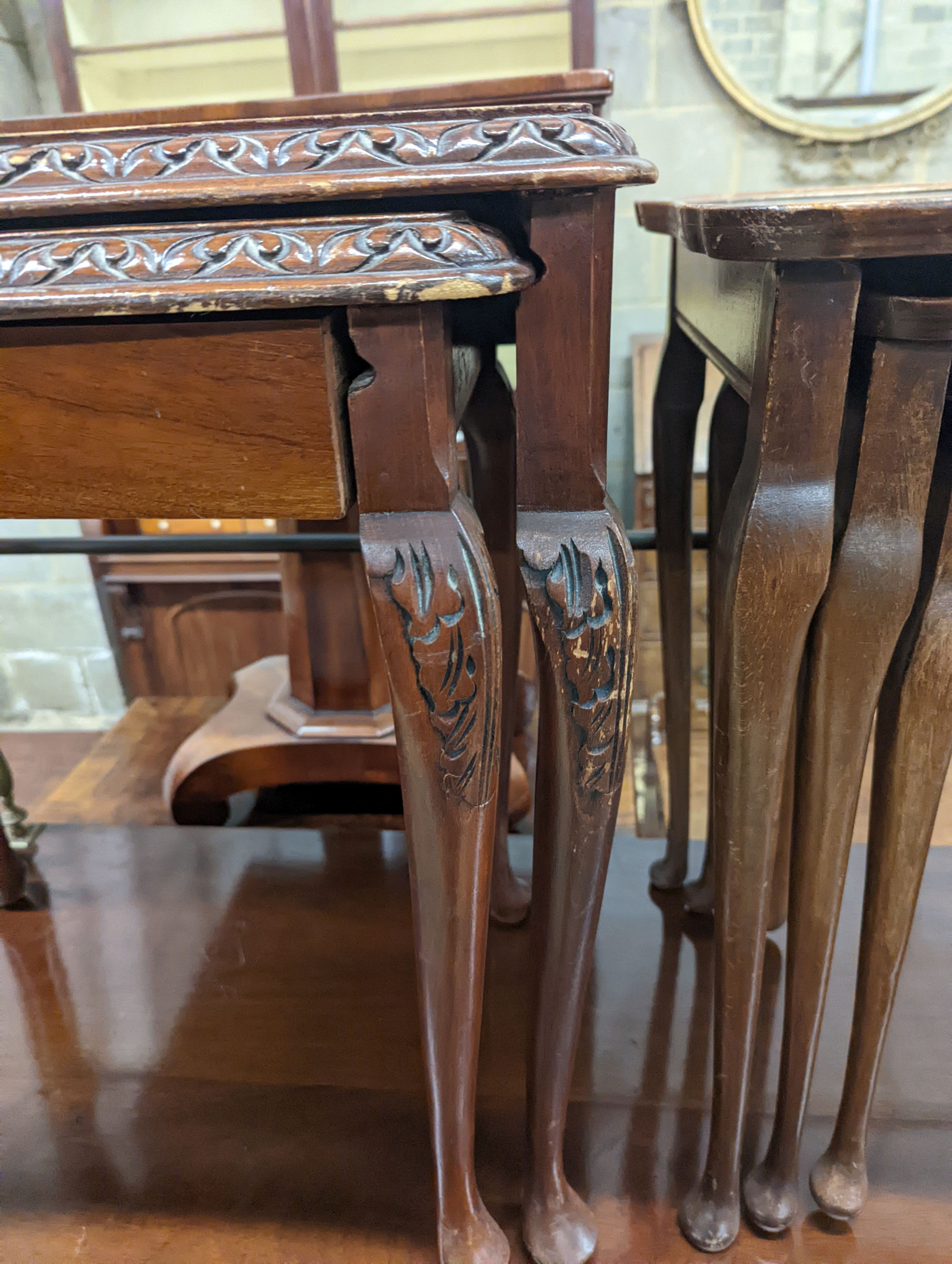 Two nests of rectangular mahogany tea tables, larger 59cm, depth 38cm, height 59cm